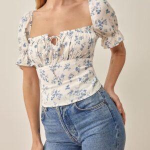 Summer Pullover Square Collar Slimming Curved Hem Short Print Women Shirt Top