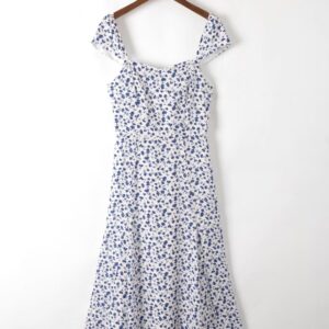 Summer Women French Retro Square Collar Floral Strap Dress Tight Waist Slim Fit A Line Dress Split Dress