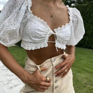 Summer Puff Sleeve Sexy Lace Lace Lace Up Slim Fit Short Top Small Shirt