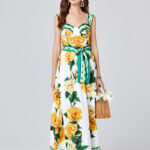 Printed Three Dimensional Chest Pad Sling Dress Slim Fit High Waist Large Swing Dress