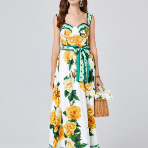 Printed Three Dimensional Chest Pad Sling Dress Slim Fit High Waist Large Swing Dress