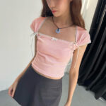 Lace Two Way Bow Rope Square Collar Short Sleeve Cropped Top Women