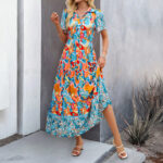 Women Short Sleeve Spring Summer Casual V Neck Printed Dress