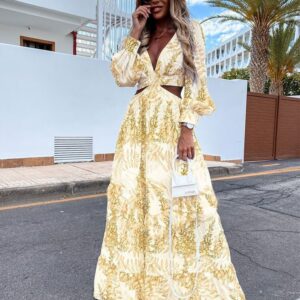 Women Wear Autumn Long Printed V-neck Long Sleeve Elegant Dress