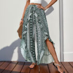 Pants Summer Pattern Print Ruffled Wide Leg Pants Split Trousers