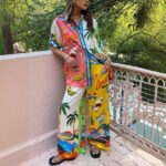 Graffiti Printing Satin Short Sleeve Collared Shirt Trousers Casual Two Piece Suit