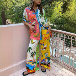 Graffiti Printing Satin Short Sleeve Collared Shirt Trousers Casual Two Piece Suit