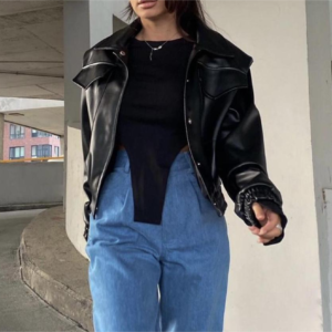 Summer Women Clothing Sexy Personal Casual Collared Faux Leather Leather Coat