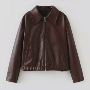 Early Spring Women Red Solid Color Square Collar Leather Jacket