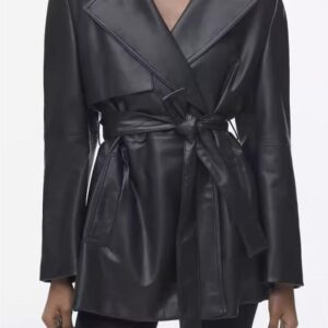 Winter Warm Series Belt Collared Loose Faux Leather Faux Leather Quilted Leather Coat