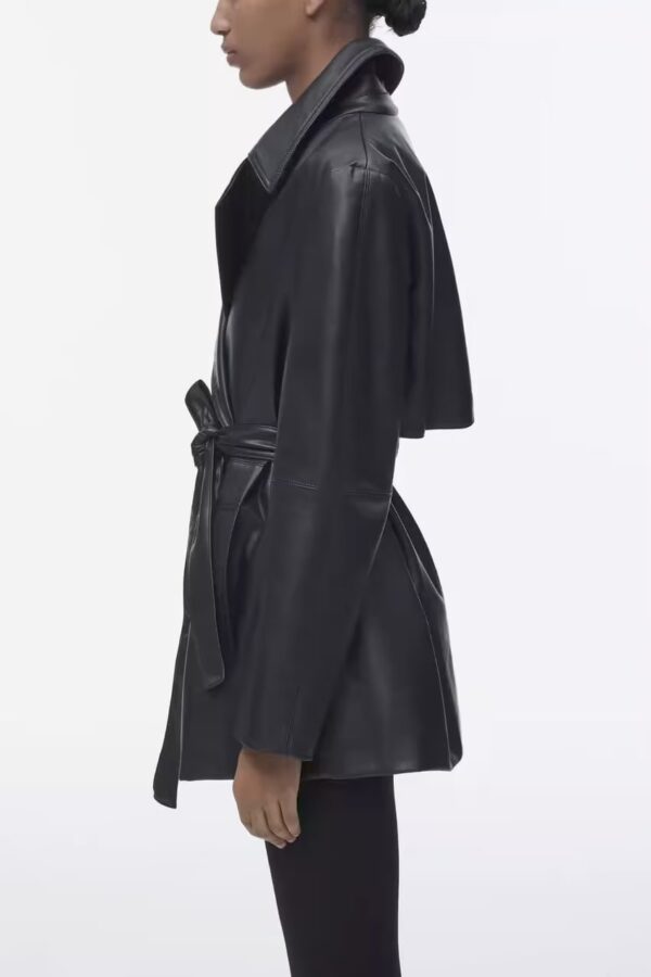 Winter Warm Series Belt Collared Loose Faux Leather Faux Leather Quilted Leather Coat - Image 2