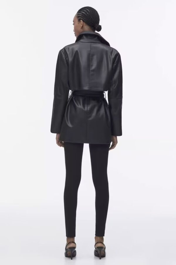 Winter Warm Series Belt Collared Loose Faux Leather Faux Leather Quilted Leather Coat - Image 3
