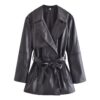 Winter Warm Series Belt Collared Loose Faux Leather Faux Leather Quilted Leather Coat - Image 4