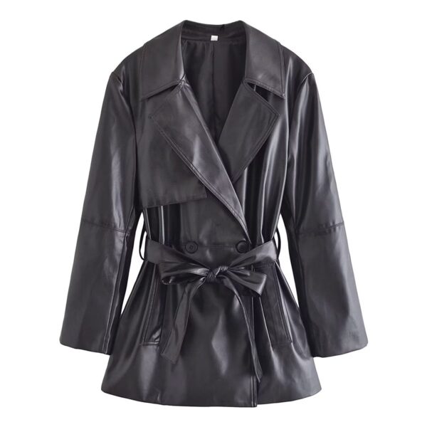 Winter Warm Series Belt Collared Loose Faux Leather Faux Leather Quilted Leather Coat - Image 4