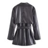 Winter Warm Series Belt Collared Loose Faux Leather Faux Leather Quilted Leather Coat - Image 5