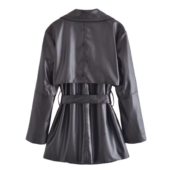 Winter Warm Series Belt Collared Loose Faux Leather Faux Leather Quilted Leather Coat - Image 5