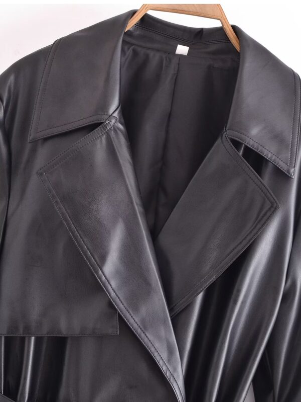 Winter Warm Series Belt Collared Loose Faux Leather Faux Leather Quilted Leather Coat - Image 6