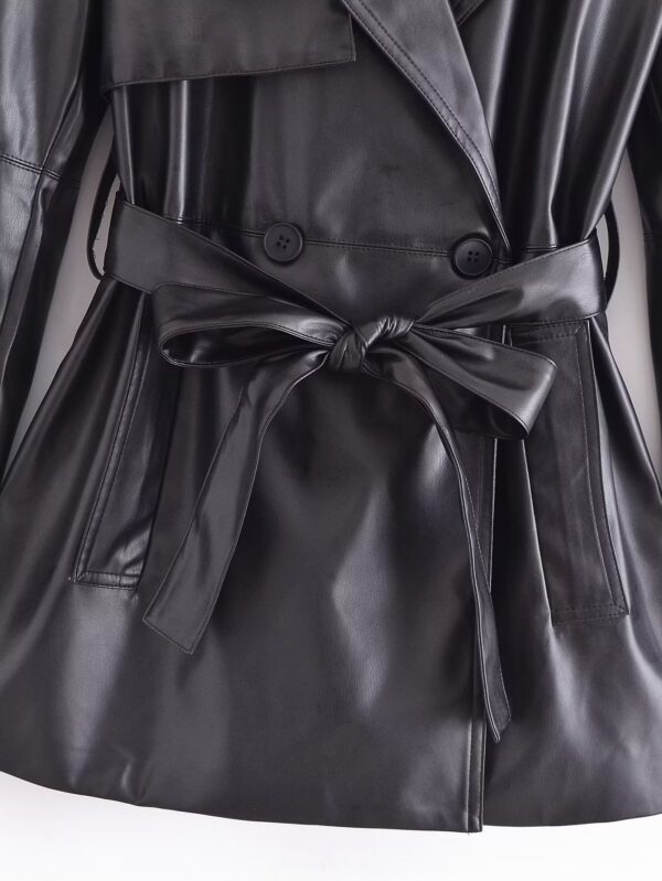 Winter Warm Series Belt Collared Loose Faux Leather Faux Leather Quilted Leather Coat - Image 7