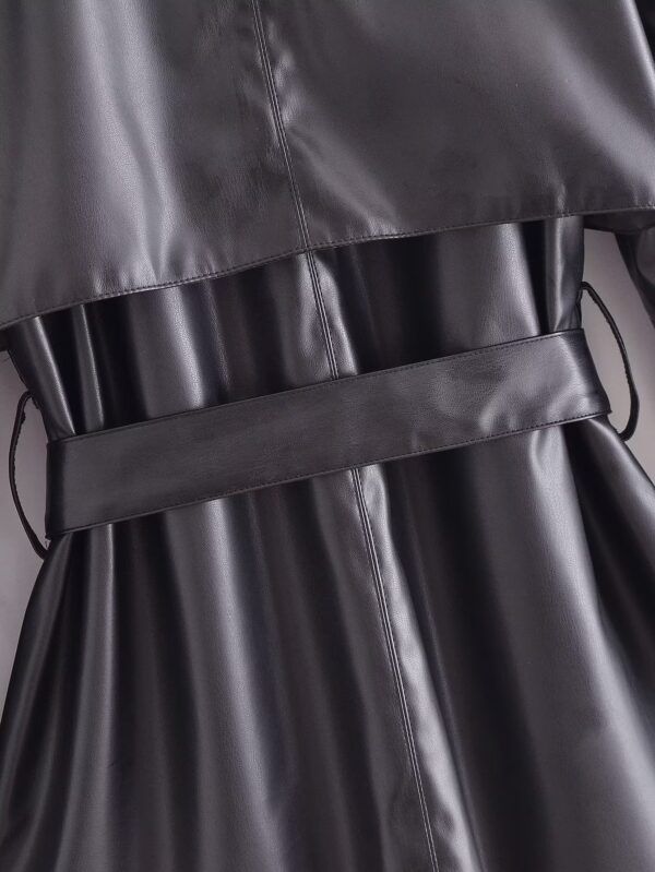 Winter Warm Series Belt Collared Loose Faux Leather Faux Leather Quilted Leather Coat - Image 11